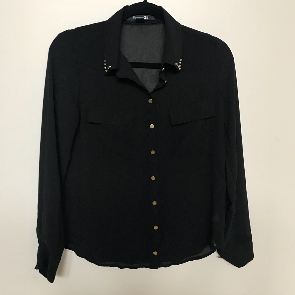 Black Sheer Button Down with Gold Accents
